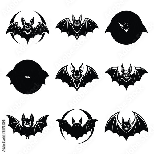 Set of vector black grinning bat silhouette icon. Isolated black animal shape design element.
