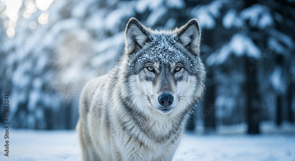 Obraz premium Majestic Gray Wolf Close-up Portrait in Winter Sunlight