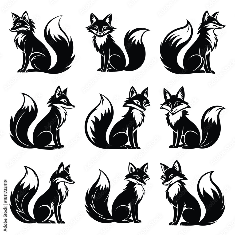 Fototapeta premium Set of vector black playful fox silhouette icon. Isolated black animal shape design element.