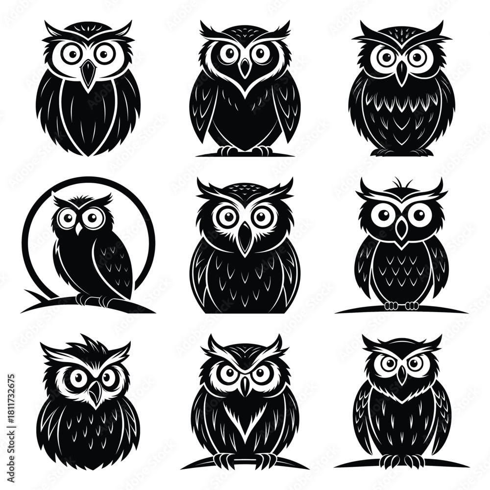 Fototapeta premium Set of vector black shocked owl silhouette icon. Isolated black animal shape design element.