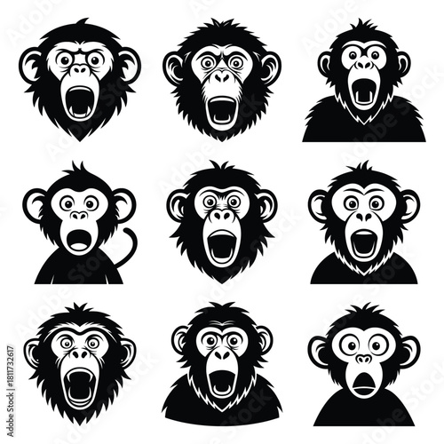 Set of vector black shocked monkey silhouette icon. Isolated black animal shape design element.