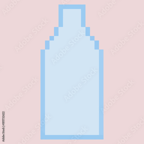 Pixel art pastel bottle icon with soft blue outline on light pink background