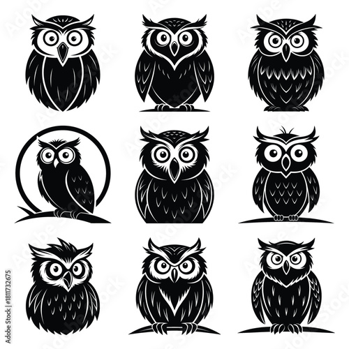 Set of vector black shocked owl silhouette icon. Isolated black animal shape design element.