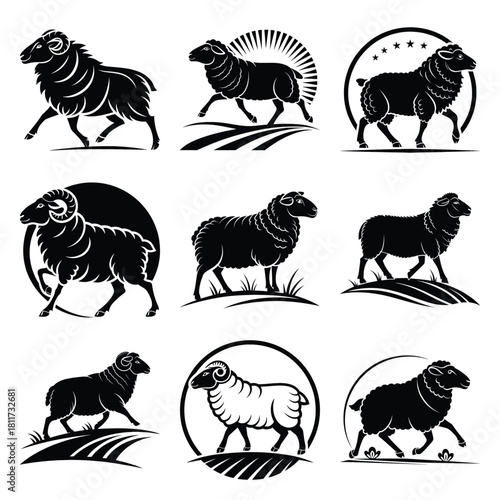 Set of vector black rolling sheep silhouette icon. Isolated black animal shape design element.