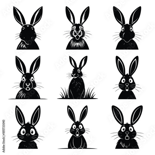 Set of vector black shocked rabbit silhouette icon. Isolated black animal shape design element.