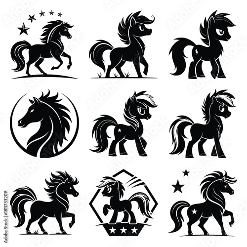 Set of vector black silly pony silhouette icon. Isolated black animal shape design element.