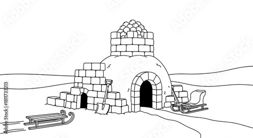 Igloo drawing with sledges in winter landscape for children's coloring  