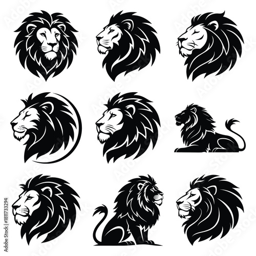 Set of vector black sleepy lion silhouette icon. Isolated black animal shape design element.