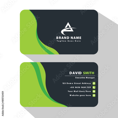 Modern dark business card design with vibrant green wavy accents and professional typography for branding and contact information