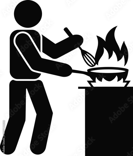 Man Cooking Food in Pan with Fire and Whisk Silhouette