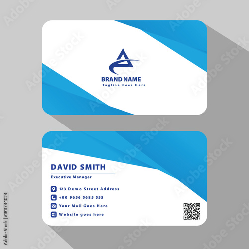 Modern business card design with blue diagonal accents and company logo on white background