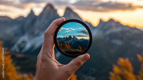 Hand holding camera lens filter showing sharp mountain landscape view
