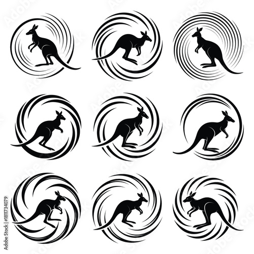 Set of vector black spinning kangaroo silhouette icon. Isolated black animal shape design element.
