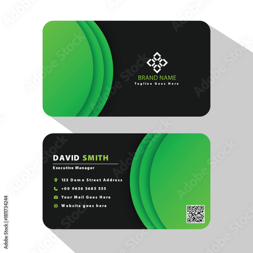 Modern black business card design with vibrant green abstract shapes and qr code for contact information