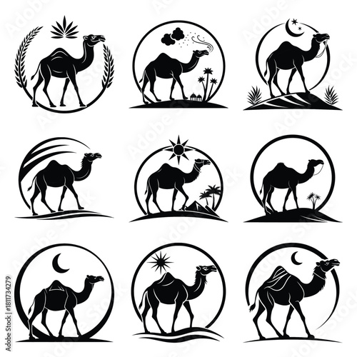 Set of vector black sneezing camel silhouette icon. Isolated black animal shape design element.