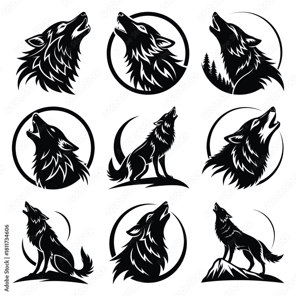 Obraz premium Set of vector black whistling wolf silhouette icon. Isolated black animal shape design element.