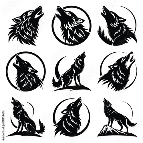 Set of vector black whistling wolf silhouette icon. Isolated black animal shape design element.