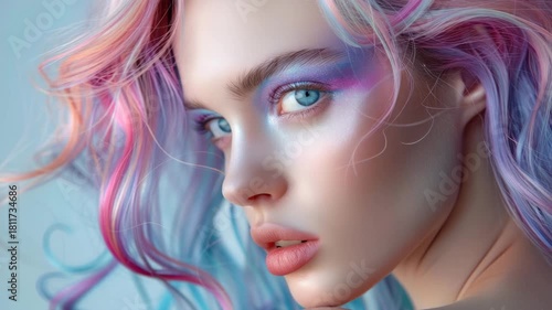 Model with vivid pastel hair and striking makeup poses against a soft background in a studio setting