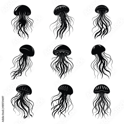 Set of vector black wiggly jellyfish silhouette icon. Isolated black animal shape design element.