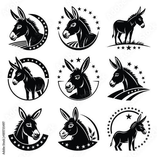 Set of vector black cheeky donkey silhouette icon. Isolated black animal shape design element.