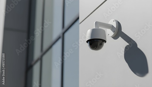 A white dome security camera mounted on a modern building wall with a distinct shadow.