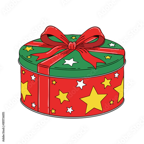Festive Round Gift Box with Red Ribbon and Star Decorations.