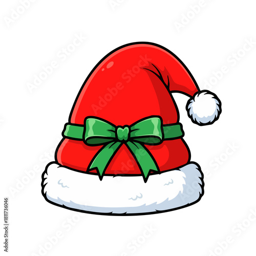 Festive Santa Hat with Green Bow and White PomPom.
