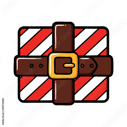 Festive Striped Gift Box with Brown Belt and Gold Buckle.