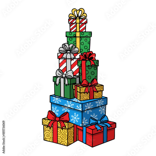 Festive Stack of Christmas Presents with Colorful Ribbons.