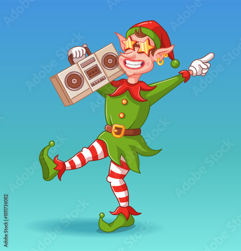 Christmas elf dancing with boombox. Cartoon character. Christmas vector illustration for Christmas decorations.
