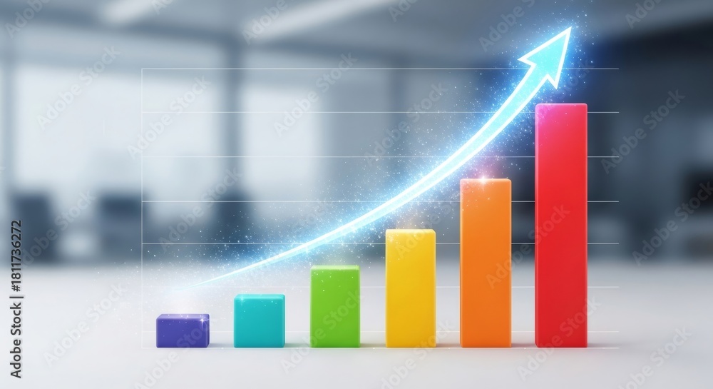 Fototapeta premium Green arrow pointing upward on financial graph. Business growth chart with rising trend line. Digital stock market data visualization for investment analysis.