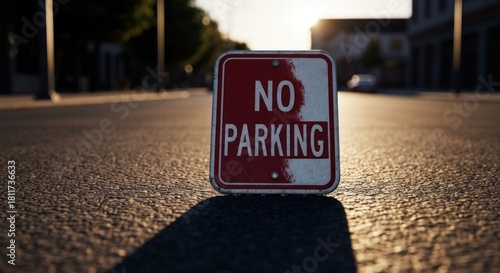 No Parking sign lays on street, sunlight