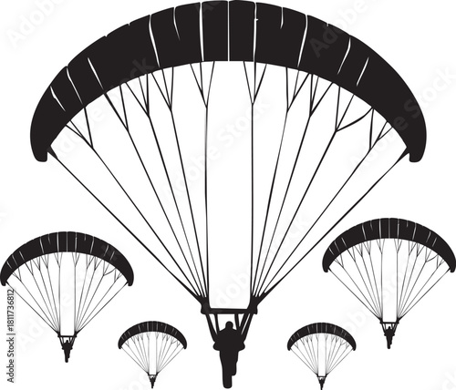 Silhouette vector illustration of paragliders and parachutes in the sky, depicting extreme air sports, adventure, freedom, and an active lifestyle graphic