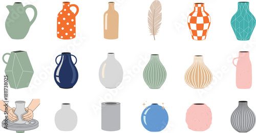 Vibrant Vector Collection of Modern Decorative Vases and Jugs, Featuring Geometric Patterns, Abstract Shapes, and Hands Crafting Pottery in a Contemporary Flat Style.