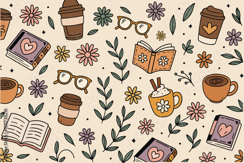 Cozy Books Coffee Floral Pattern