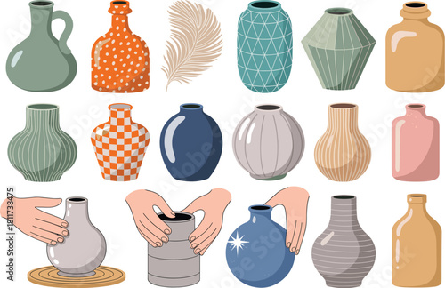 Large Stylish Vector Collection of Decorative Modern Pottery and Ceramic Vases, Featuring Different Patterns, Colors, and Hands Shaping Clay on a Potter's Wheel.