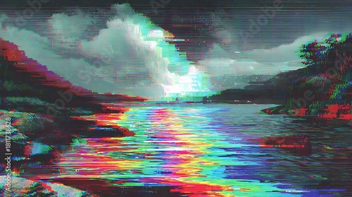 A vibrant glitch art landscape featuring a river of rainbow colors flowing through mountains under a cloudy sky, creating a distorted yet captivating scene with digital artifacts