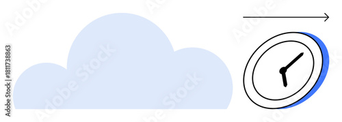 Cloud icon paired with a clock and forward arrow depicting time management, productivity, data storage. Ideal for technology, innovation, efficiency, planning, future, cloud computing simple flat