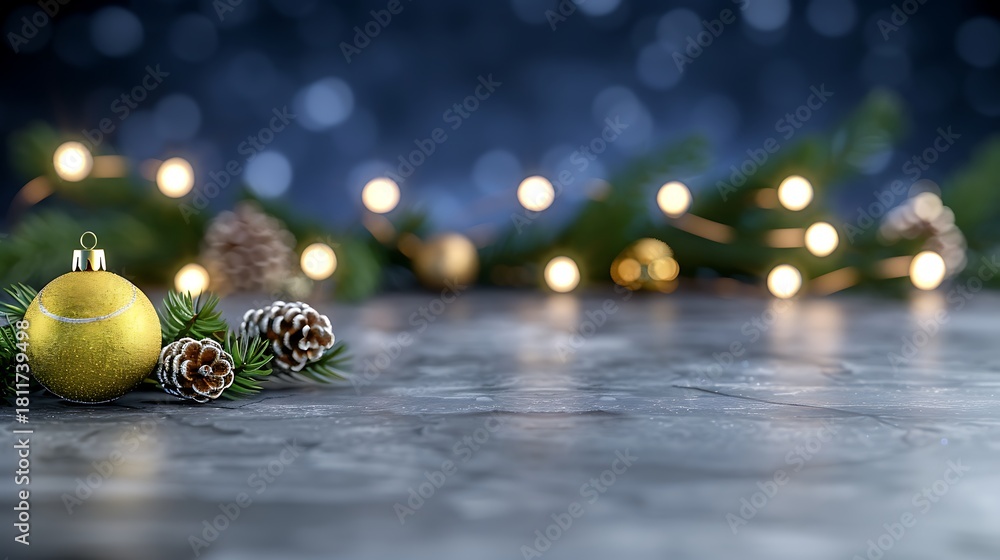 Fototapeta premium Glittering Christmas Ornament with Pine Cones and Festive Lights on a Marble Surface Perfect for Holiday Decor