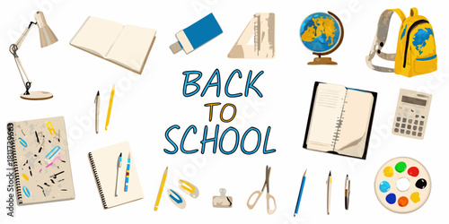 Back to school supplies and stationery flat lay illustration