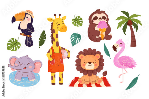 Cute tropical animal set: toucan, giraffe, sloth, flamingo, lion, elephant and palm tree and leaves. Colorful wildlife characters for kids designs, nursery decor, prints and stickers