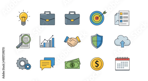 comprehensive business and innovation icons representing strategy