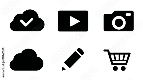 Essential black UI UX icons: cloud storage, video play, camera, edit pencil, shopping cart. Modern web app interface symbols.