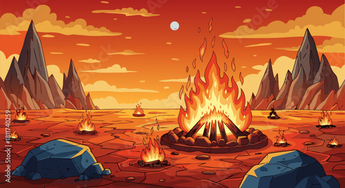 Stylized vector art of a desolate wasteland with multiple campfires illuminating a rocky canyon under a fiery orange and red sunset sky