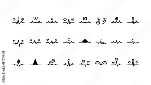 Diverse Minimalist ECG Heartbeat Line Icons Set with Health, Sport, Nature, and Abstract Concepts - Vector Elements