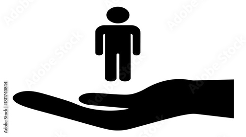 Human figure icon standing on an open hand, symbolizing care, support, protection, welfare, help, assistance, HR, and responsibility.