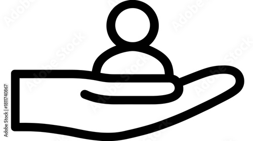 Outline icon of a hand supporting a person, symbolizing care, customer service, user experience, assistance, and community support.