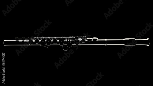 Elegant black and white silhouette of a classical concert flute, a sophisticated woodwind musical instrument against a dark background.