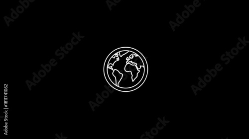 Simple white line art world globe icon on a black background, symbolizing global connectivity, digital network, and international relations.