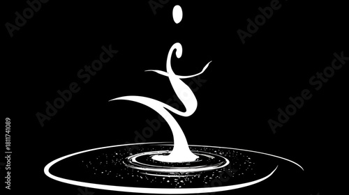 Abstract white water drop splash with elegant fluid motion on black background, creating dynamic ripples and a graceful shape.